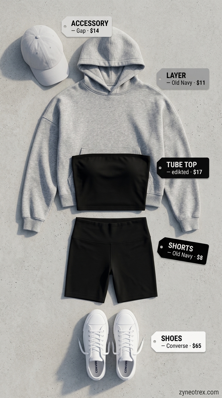 Cute Summer Tube Top Outfits 2026: Athleisure Ease Cute summer tube top outfits 2026: Black tube top with biker shorts, hoodie, and baseball cap for athleisure.