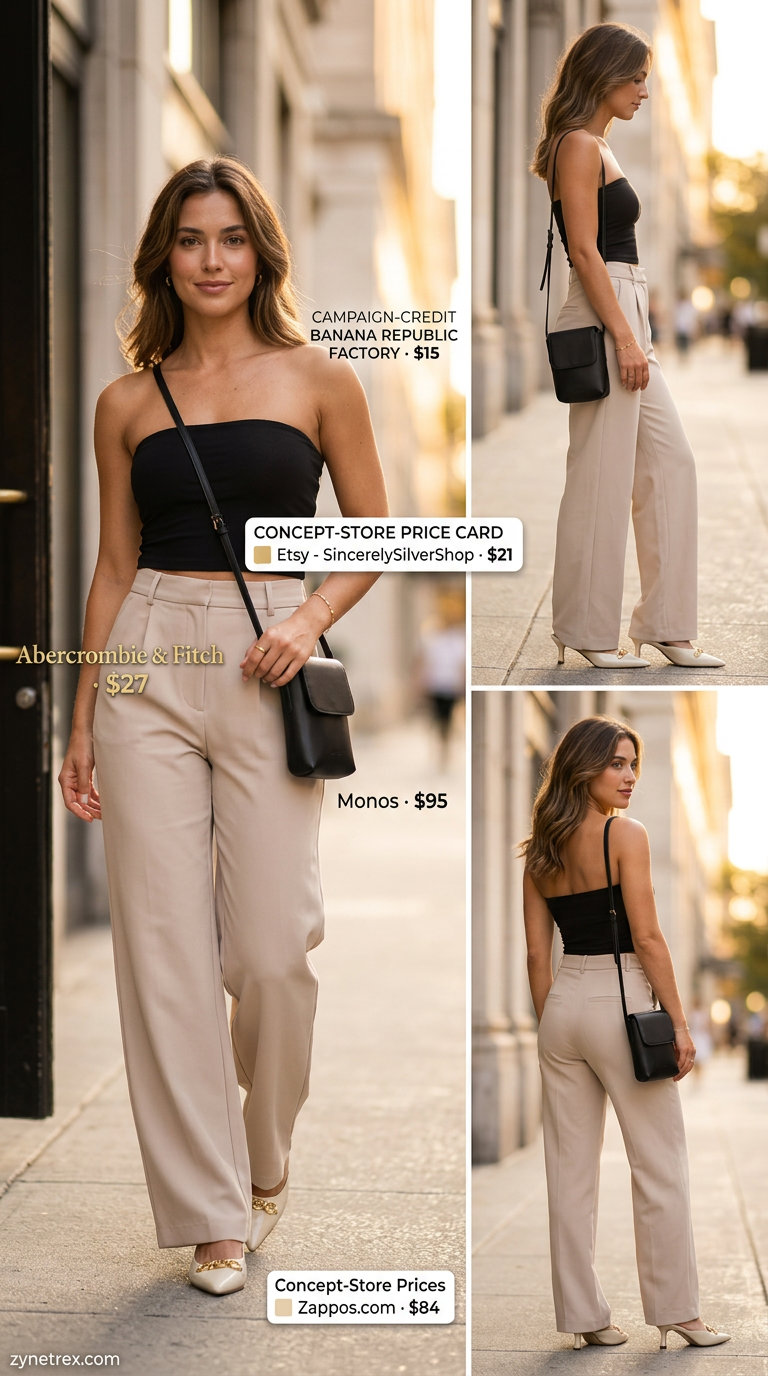 Chic City Tube Top Outfit 2026 Chic city outfit with black tube top, beige wide-leg pants, and gold accessories. Cute summer tube top outfits 2026.
