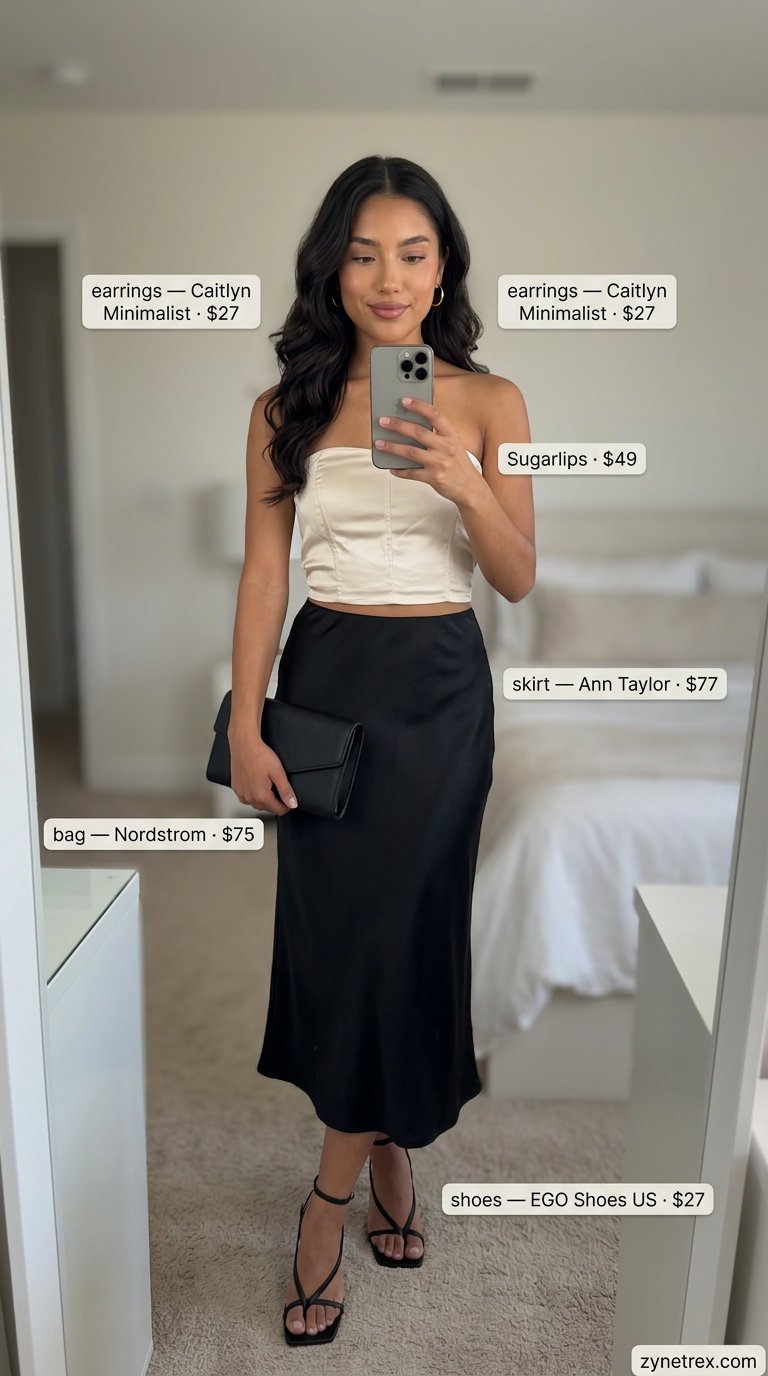 Cute Summer Tube Top Outfits 2026: Chic Evening Cute summer tube top outfits 2026: Champagne satin tube top with black satin midi skirt and strappy heels.