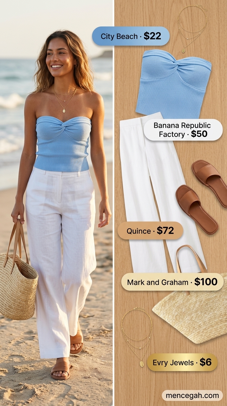 Coastal Breeze Tube Top 2026 Coastal breeze outfit: light blue tube top, white linen pants, and straw tote. Cute summer tube top outfits 2026.