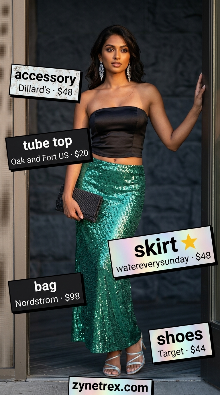 Cute Summer Tube Top Outfits 2026: Elegant Evening Glow Cute summer tube top outfits 2026: Elegant evening look with black satin tube top and emerald sequin maxi skirt.