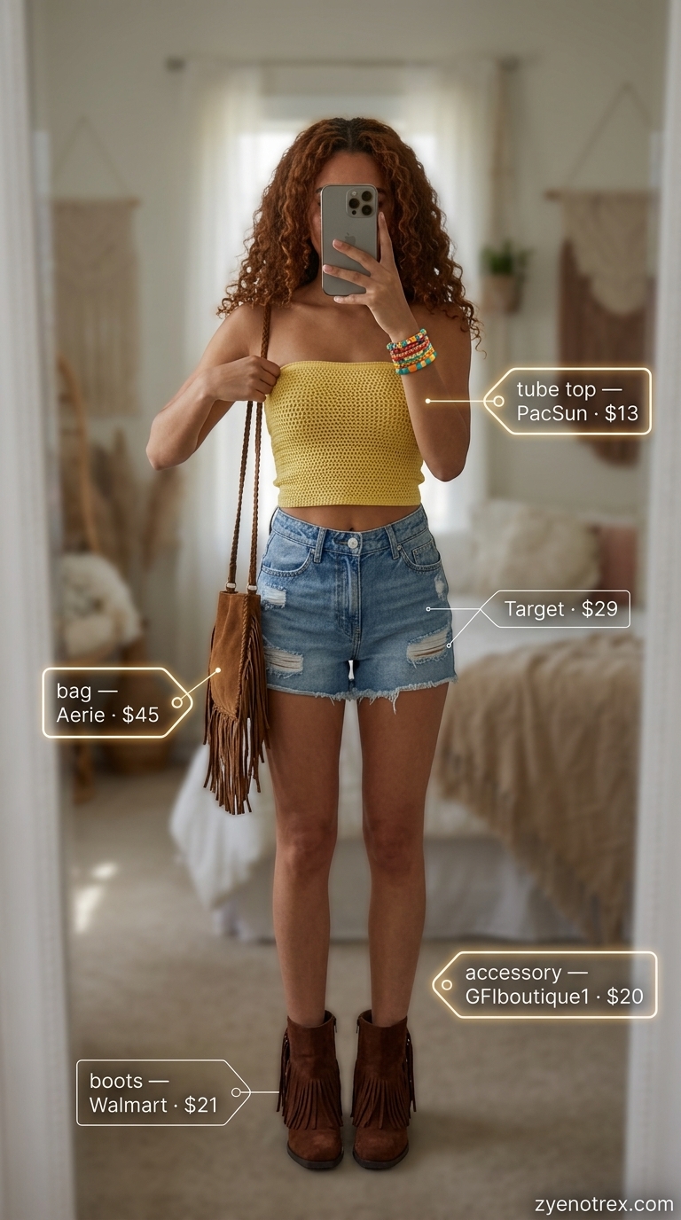 Cute Summer Tube Top Outfits 2026: Festival Ready Cute summer tube top outfits 2026: Terracotta crochet tube top with distressed denim shorts and fringe boots.