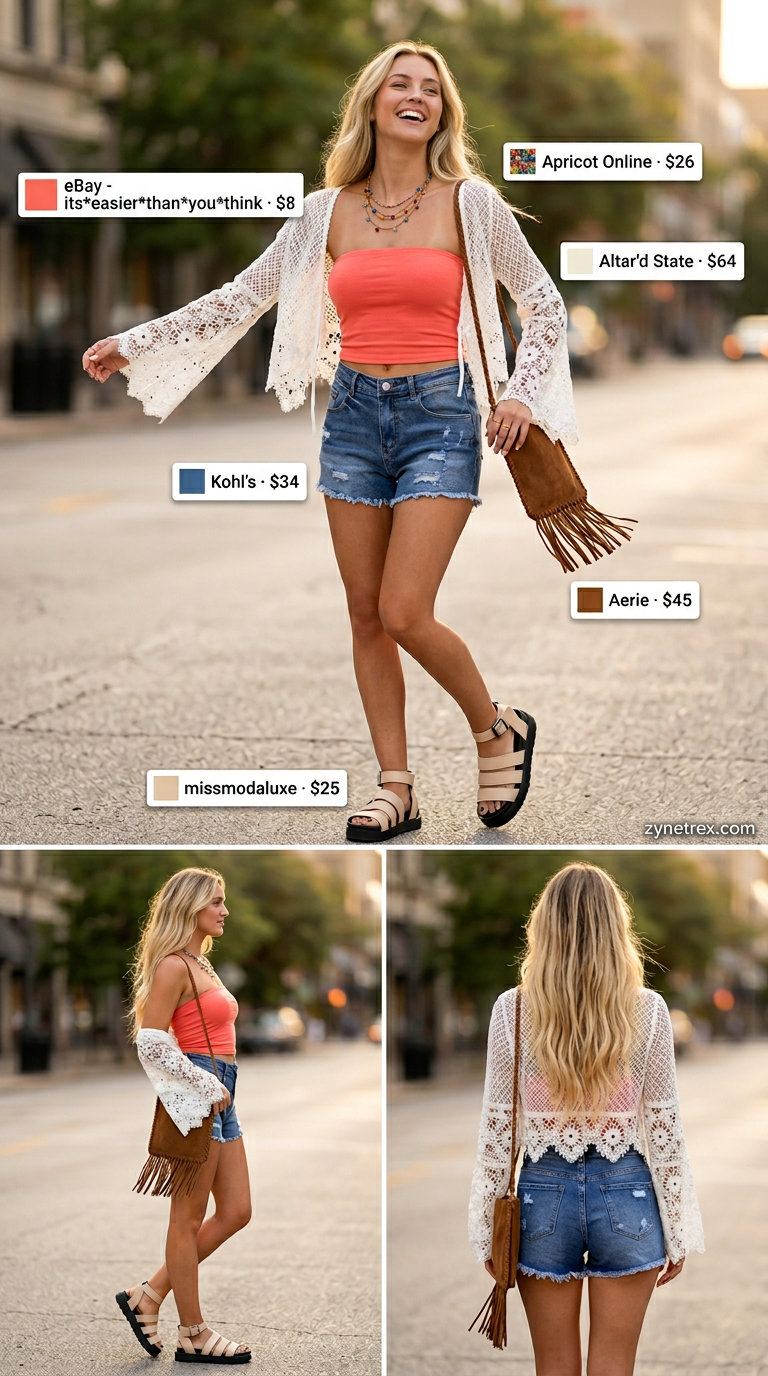 Festival Ready Tube Top 2026 Festival ready: coral tube top, distressed denim shorts, and crochet overlay. Cute summer tube top outfits 2026.
