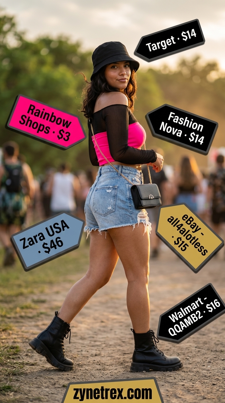 Cute summer tube top outfits 2026: Festival ready look with neon pink tube top, distressed denim, and mesh shirt.