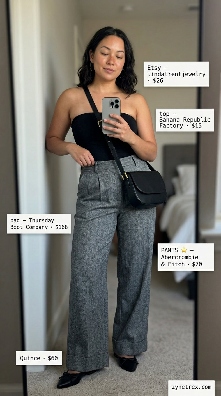 Modern Minimalist Tube Top 2026 Modern minimalist outfit: black tube top, charcoal grey wide-leg trousers, and black mules. Cute summer tube top outfits 2026.