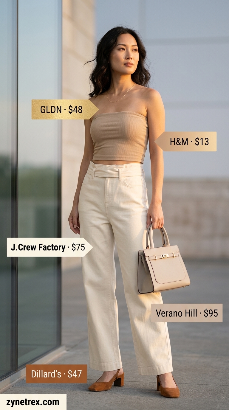 Cute Summer Tube Top Outfits 2026: Modern Minimalist Cute summer tube top outfits 2026: Fitted warm beige tube top with ivory paperbag trousers and block heels.