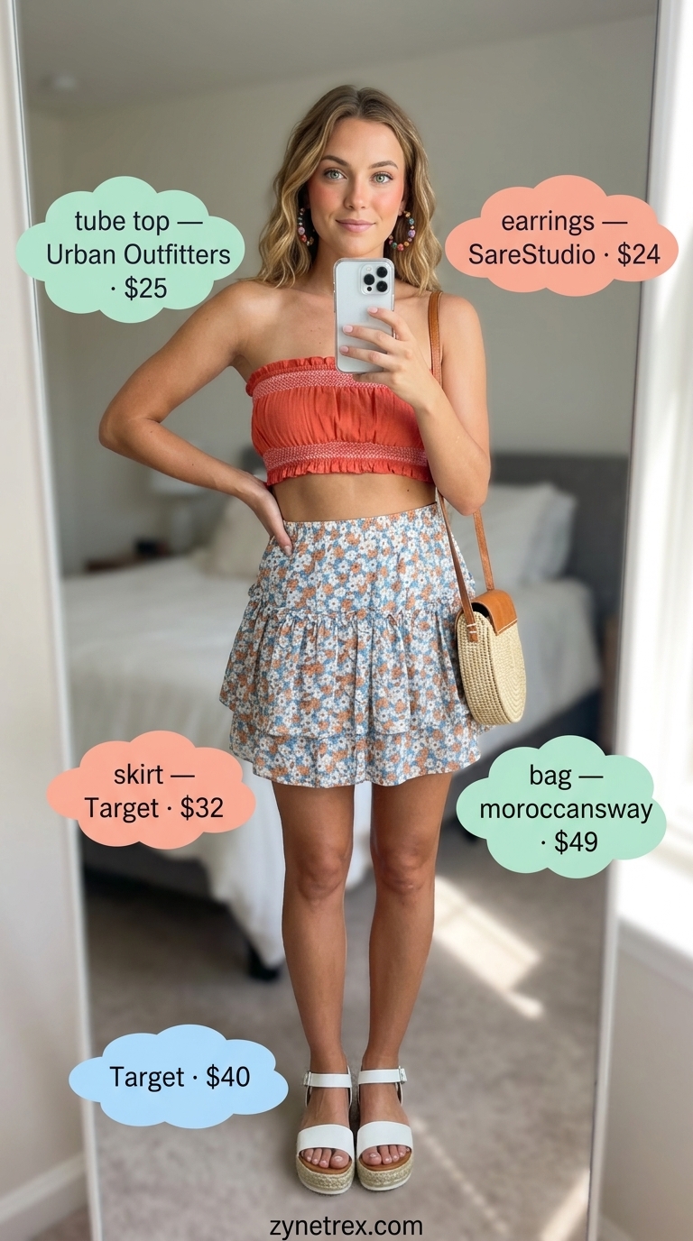 Playful Garden Tube Top 2026 Playful garden party outfit: coral smocked tube top, floral mini skirt, and espadrilles. Cute summer tube top outfits 2026.
