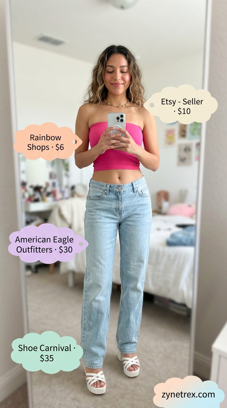 Retro Cool Tube Top Duo 2026 Retro Y2K outfit: hot pink tube top, light wash flare jeans, and platform sandals. Cute summer tube top outfits 2026.