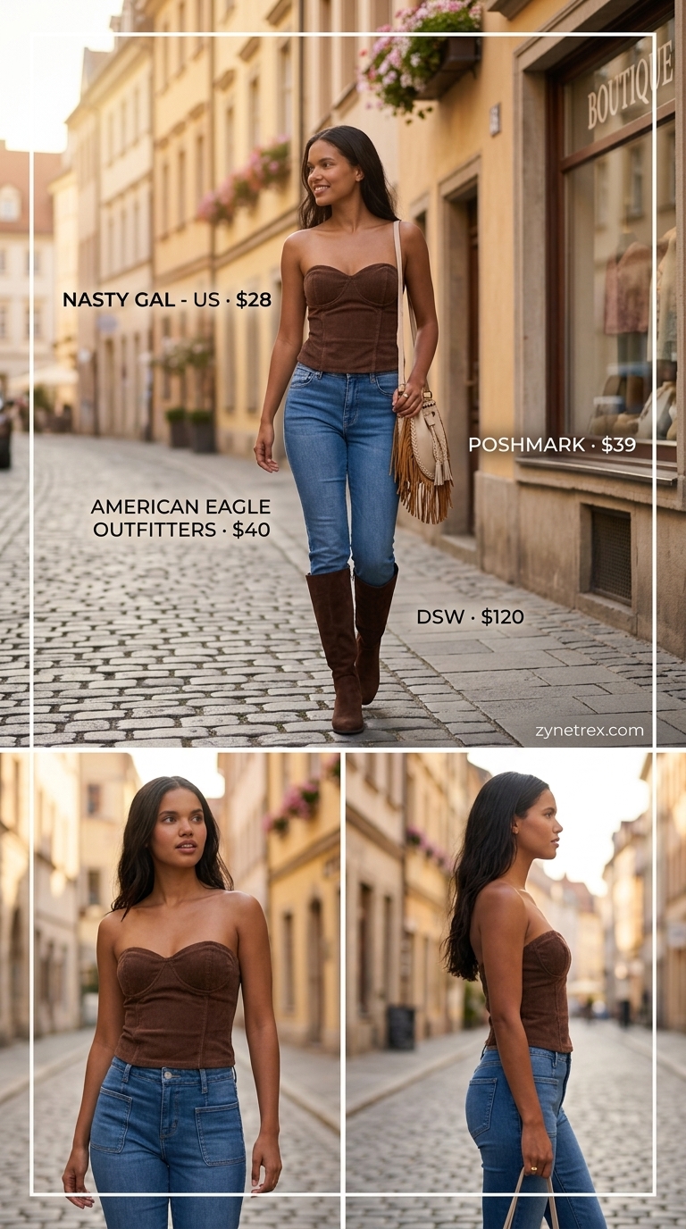 Retro Cool Tube Top 2026 Retro cool outfit: brown corduroy tube top, flare jeans, and platform boots. Cute summer tube top outfits 2026.
