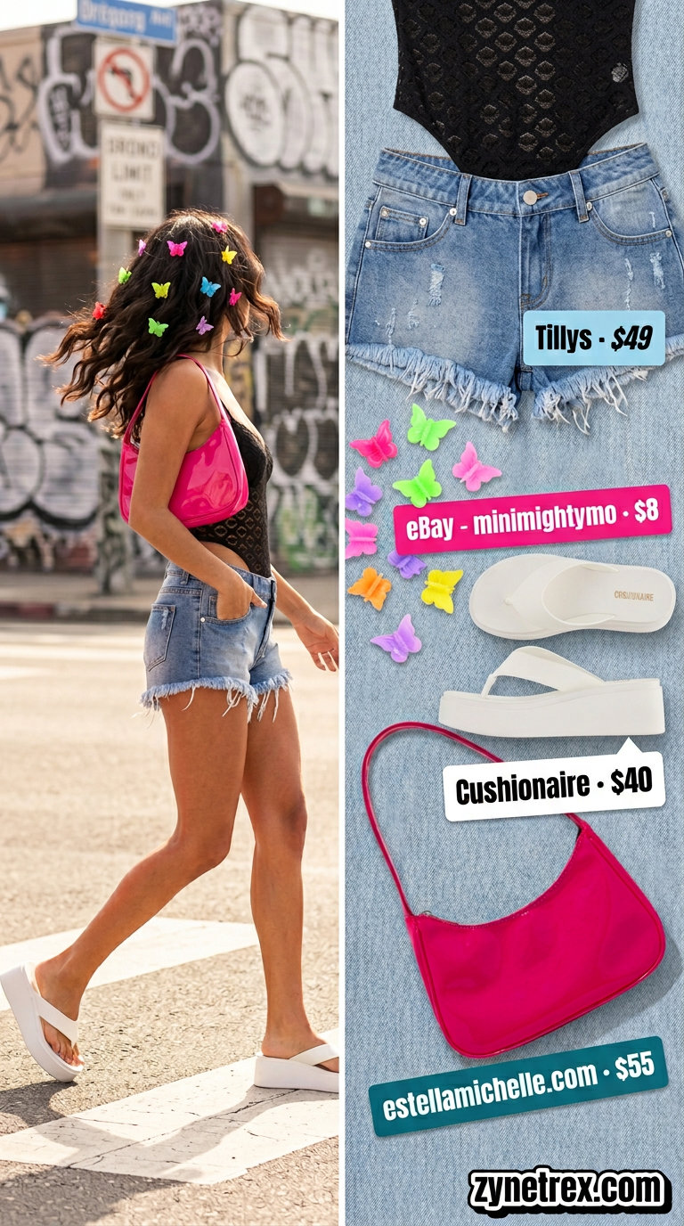 Cute Summer Tube Top Outfits 2026: Retro Vibes Cute summer tube top outfits 2026: Retro vibes with red tube top, low-rise denim shorts, and platform flip-flops.