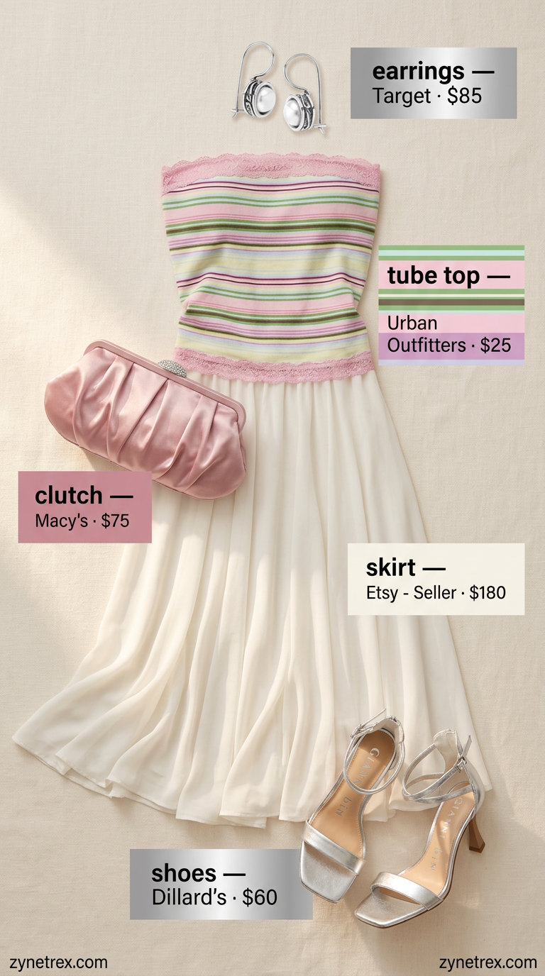 Romantic Evening Tube Top 2026 Romantic blush pink tube top with ivory maxi skirt and silver sandals for evening events. Cute summer tube top outfits 2026.
