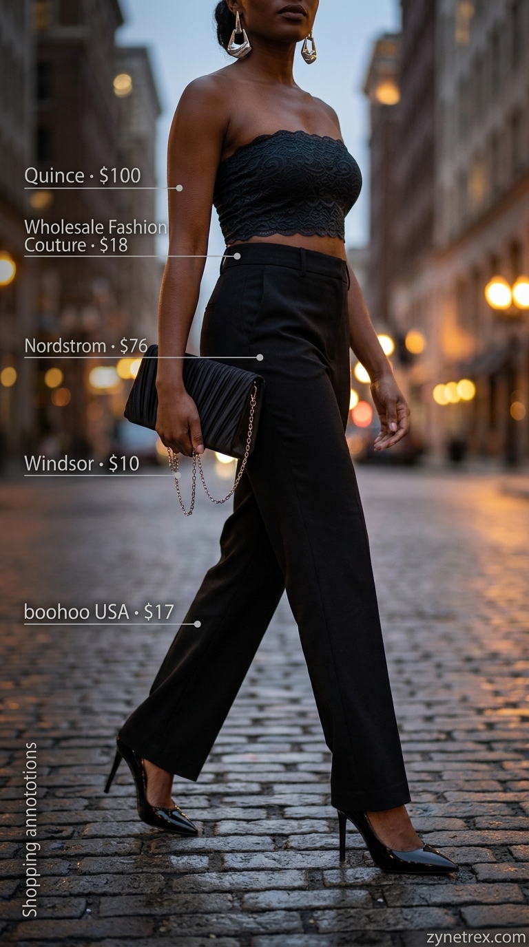 Cute Summer Tube Top Outfits 2026: Sophisticated Evening Cute summer tube top outfits 2026: Sophisticated evening look with black lace tube top and tailored trousers.