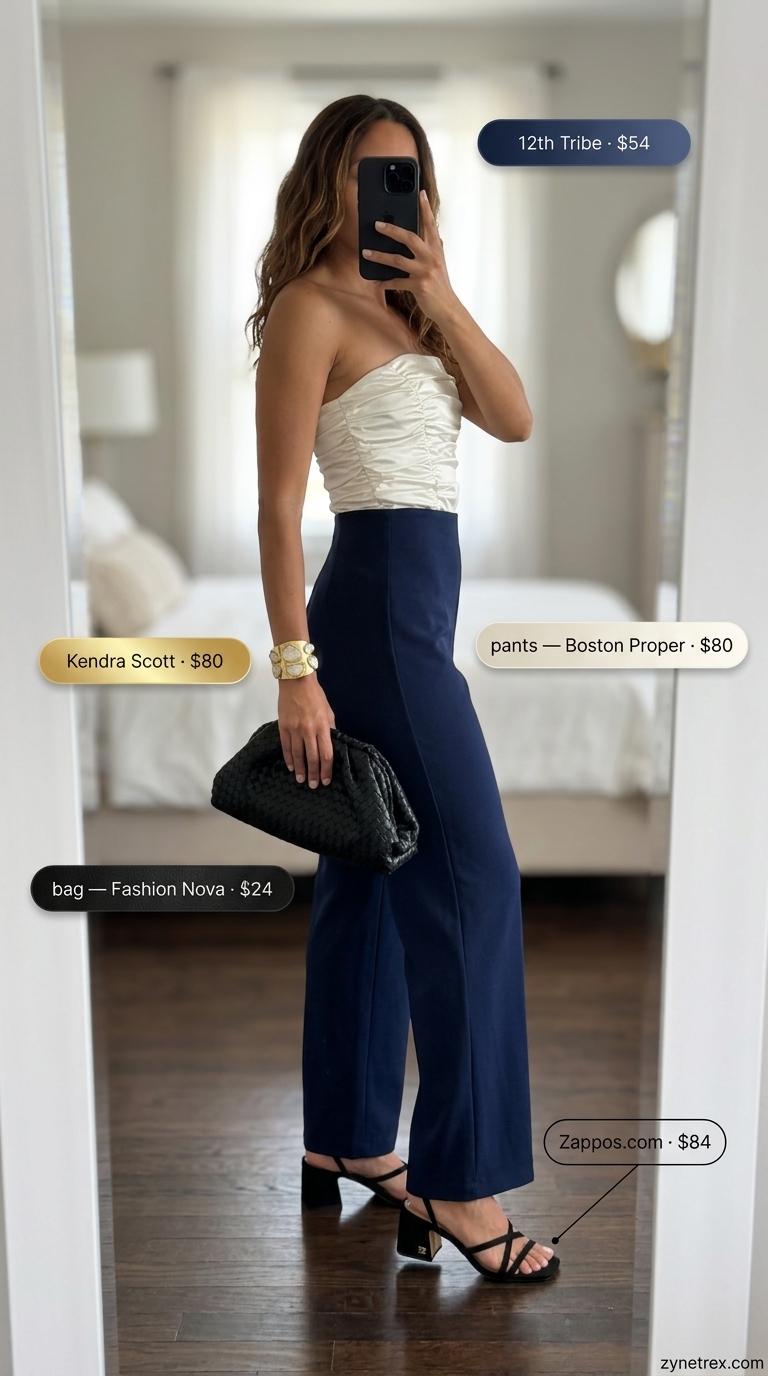 Cute Summer Tube Top Outfits 2026: Sunset Cruise Chic Cute summer tube top outfits 2026: Sunset cruise style with cream satin tube top and navy palazzo pants.