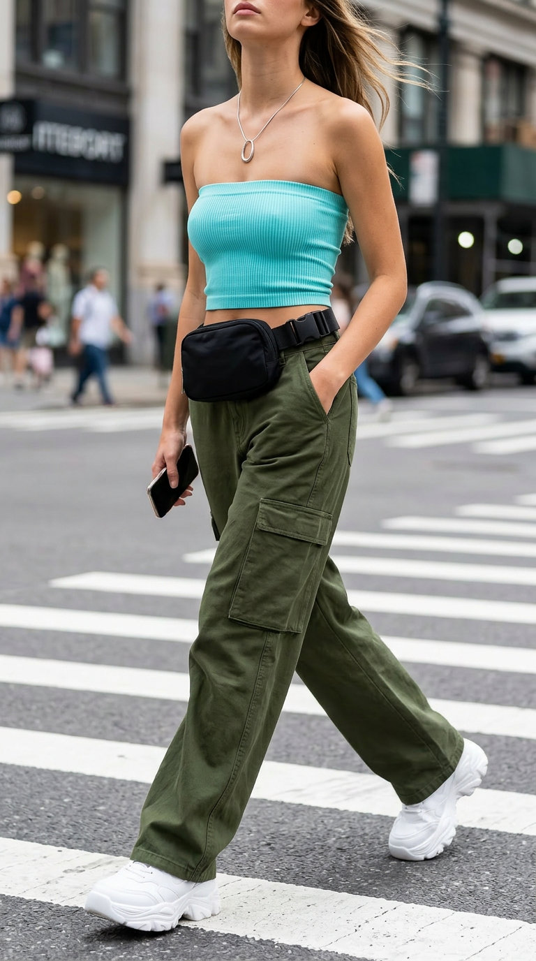 Cute Summer Tube Top Outfits 2026: Urban Chic Cute summer tube top outfits 2026: Turquoise ribbed tube top with khaki cargo pants and chunky sneakers.