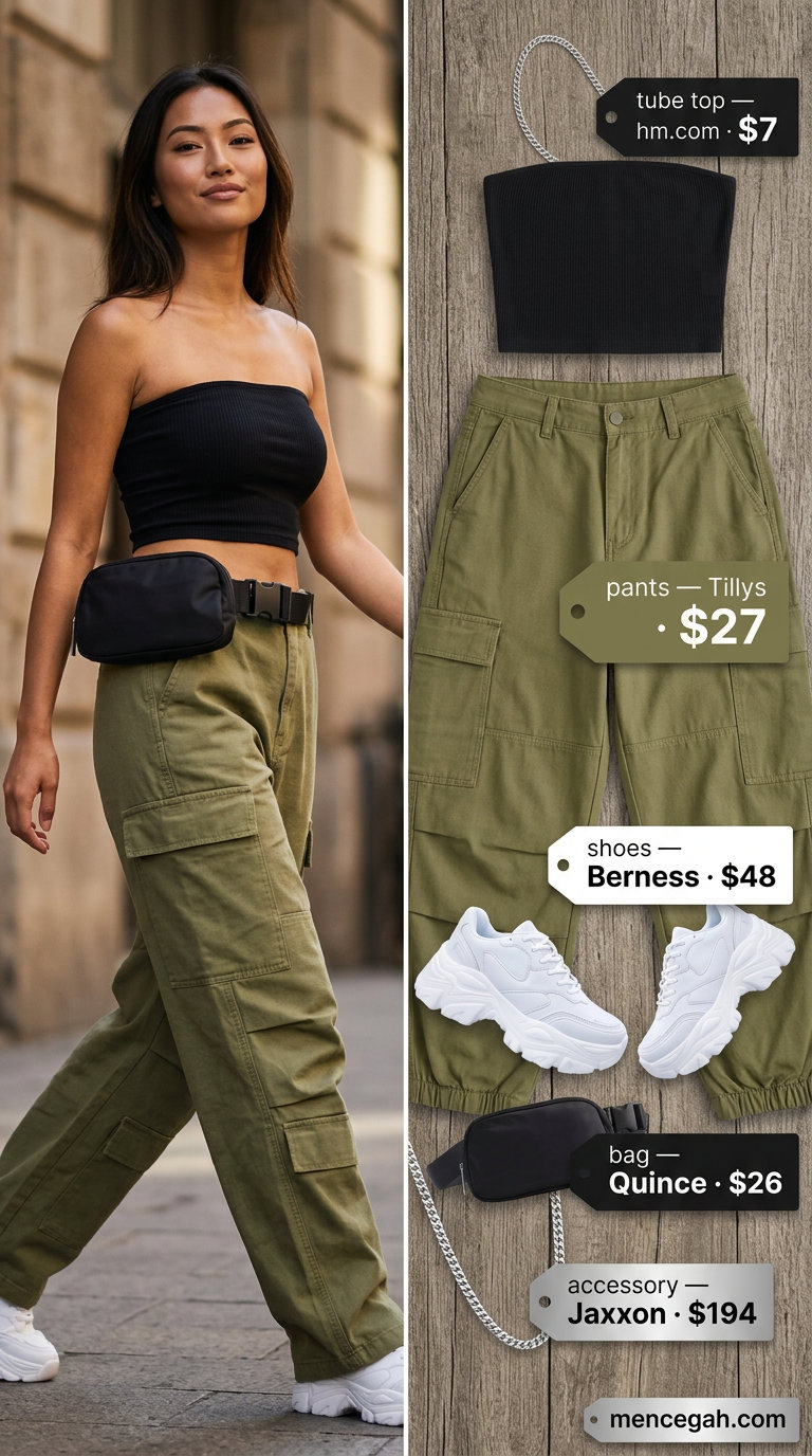 Cute Summer Tube Top Outfits 2026: Urban Explorer Cute summer tube top outfits 2026: Black ribbed tube top with olive green baggy cargo pants and platform sneakers.