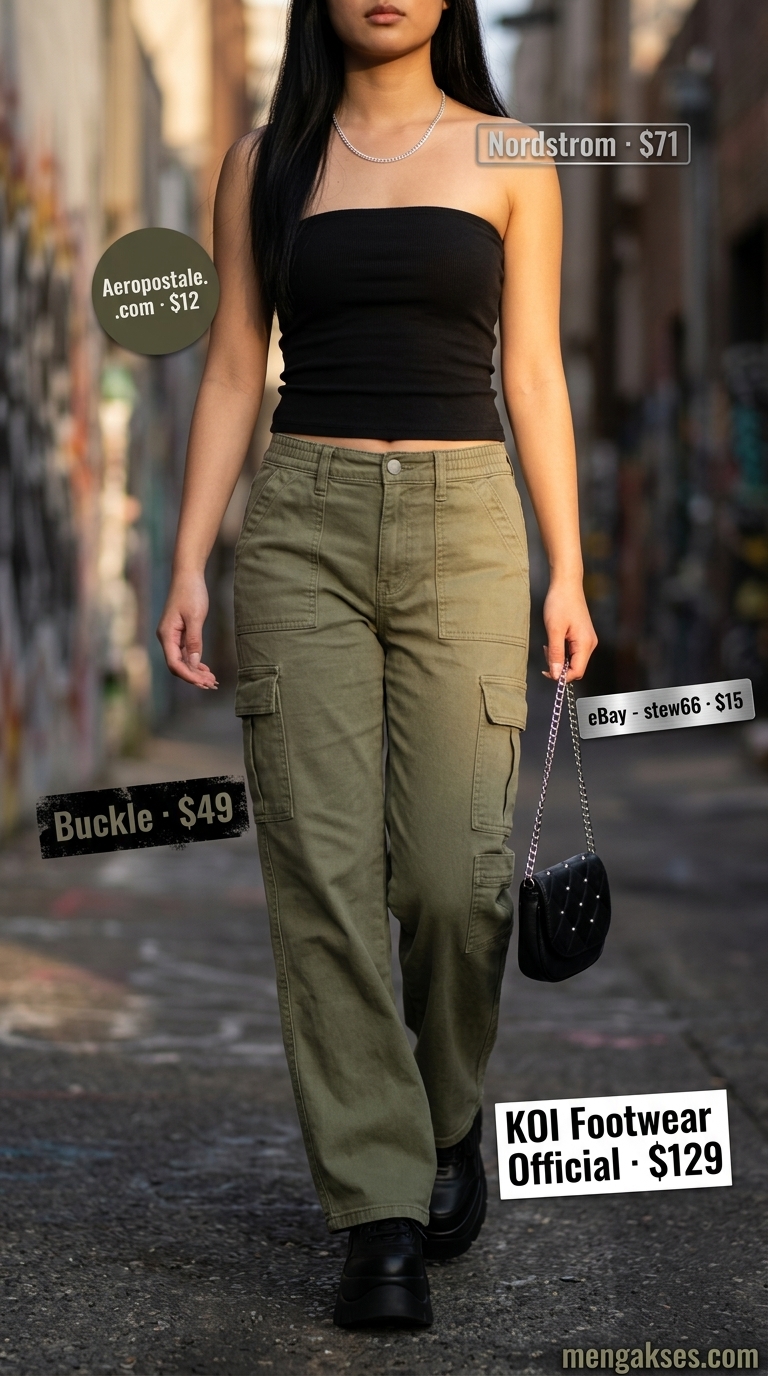 Cute Summer Tube Top Outfits 2026: Urban Explorer Cute summer tube top outfits 2026: Black ribbed tube top with olive green cargo pants and chunky sneakers.