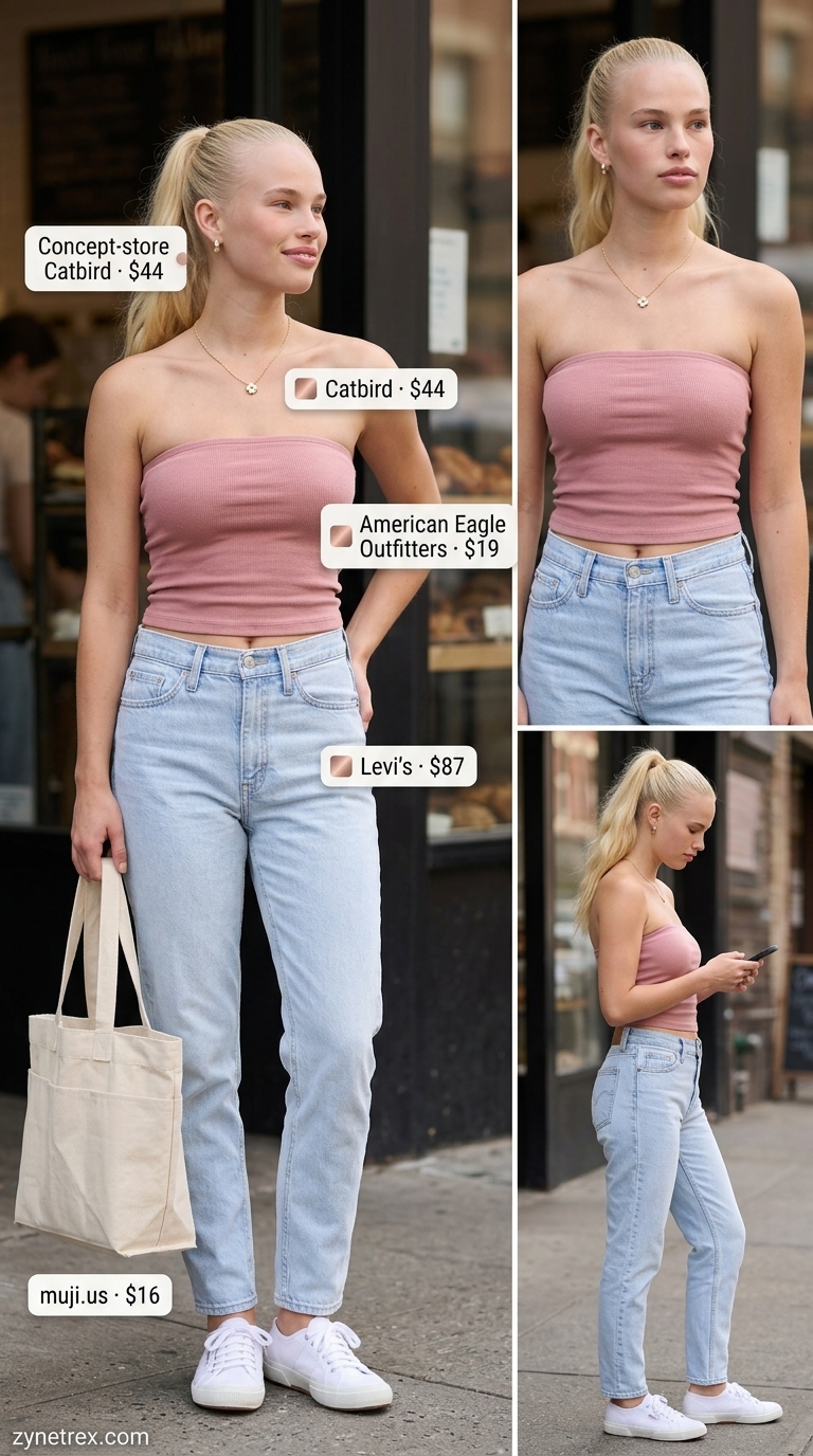 Cute Summer Tube Top Outfits 2026: Weekend Casual Cute summer tube top outfits 2026: Pastel pink knit tube top with mom jeans and canvas sneakers for casual weekend.