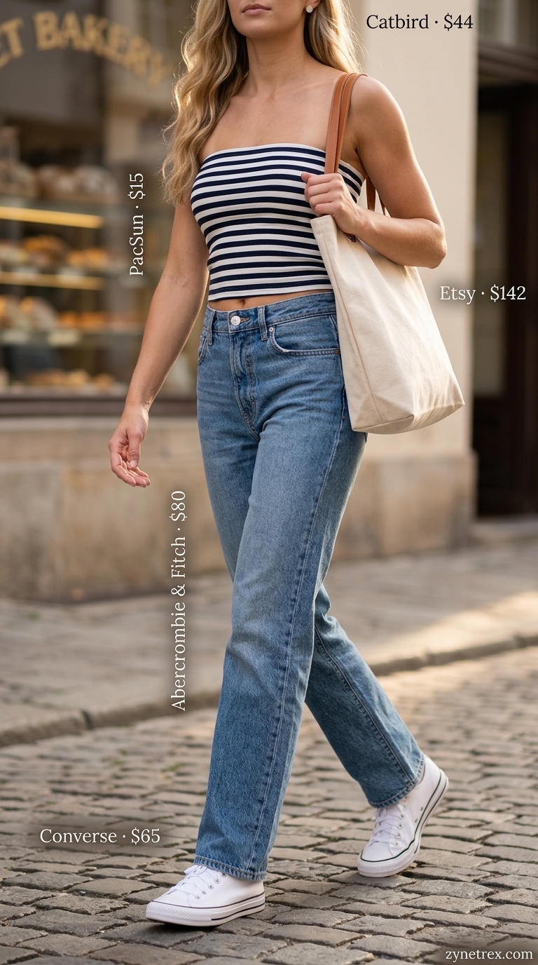 Cute Summer Tube Top Outfits 2026: Weekend Wanderer Cute summer tube top outfits 2026: Weekend wanderer style with striped tube top, denim jeans, and sneakers.