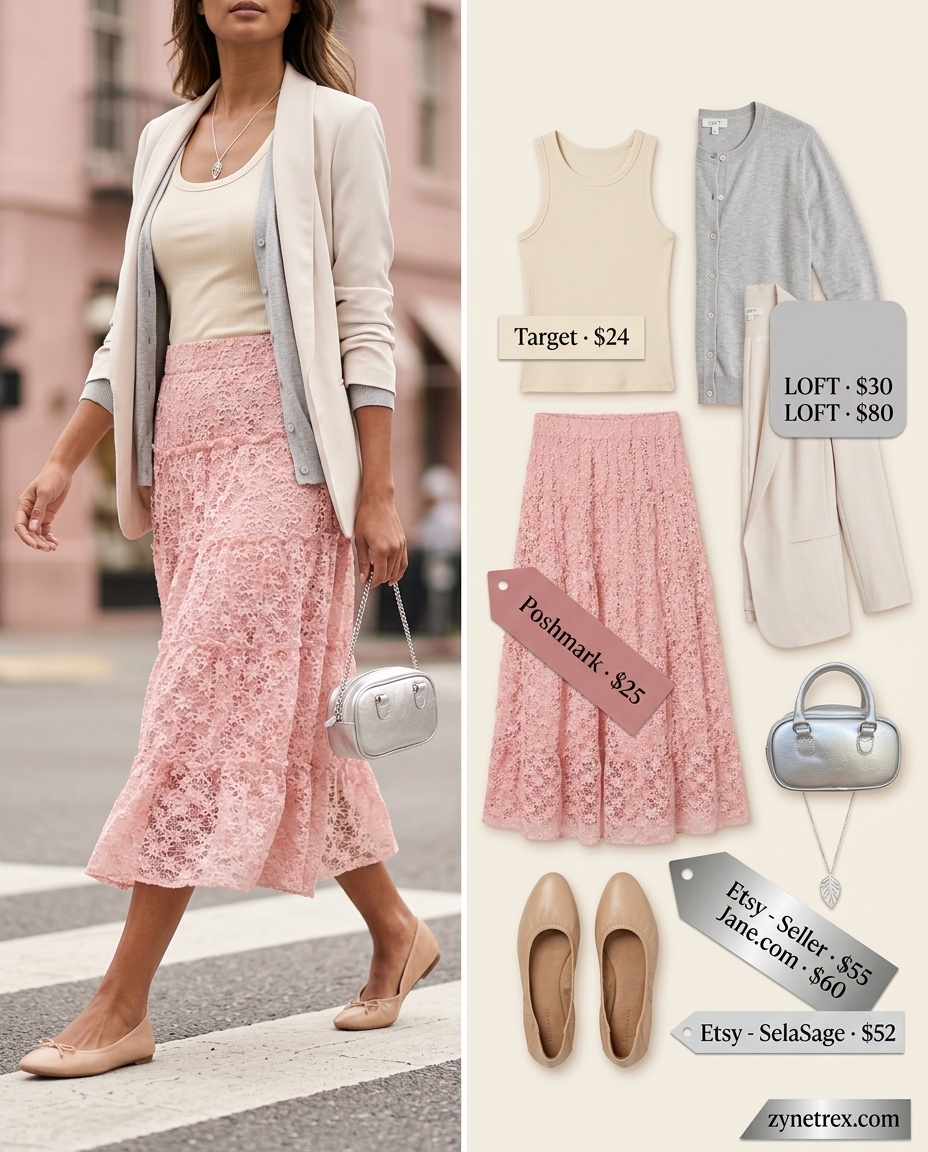 Casual summer blazer outfits for women 2026: Blush pink midi skirt with knit cardigan, not a blazer.