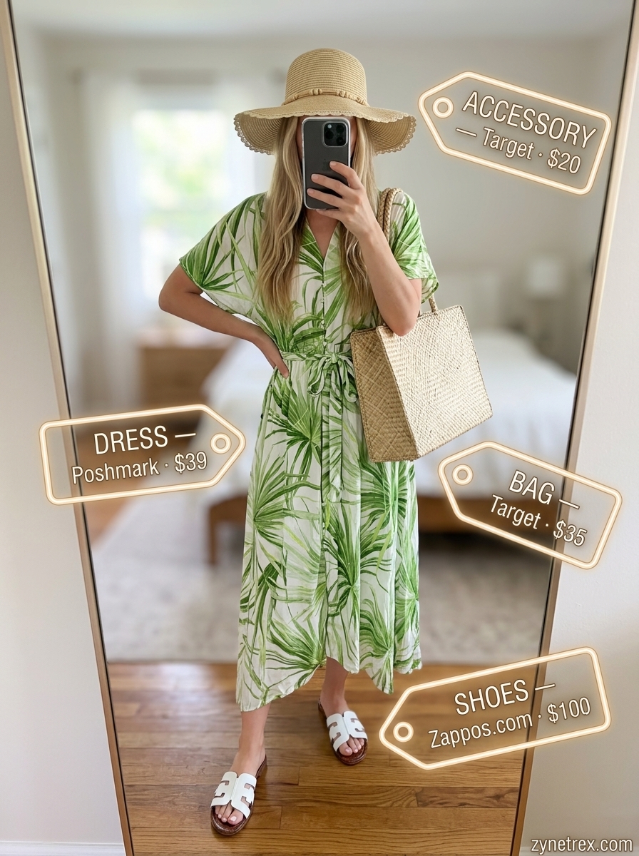 High waist summer wide leg pants outfits for women 2026: Tropical shirtdress, straw hat, sandals for a vacation vibe.