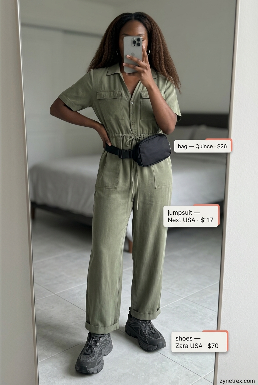 High waist summer wide leg pants outfits for women 2026: Olive utility jumpsuit, chunky sneakers, belt bag for modern style.