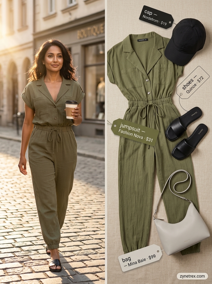 High waist summer wide leg pants outfits for women 2026: Olive utility jumpsuit, black cap, crossbody bag for practical style.