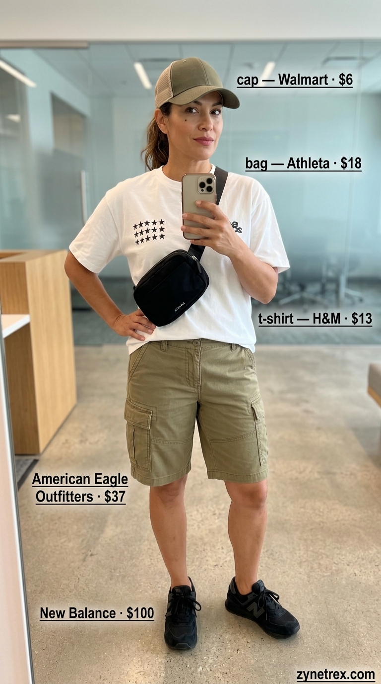 Light summer business casual outfit for women 2026: Khaki shorts, graphic tee, sneakers for casual weekend style.
