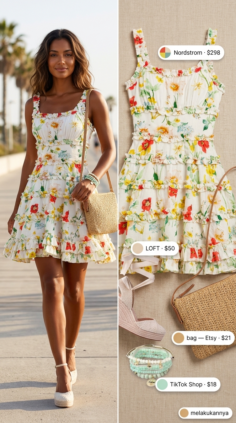 Boho beach babe outfit: multi-color floral mini dress, espadrille wedges, straw bag, stacked bracelets for summer 2026.