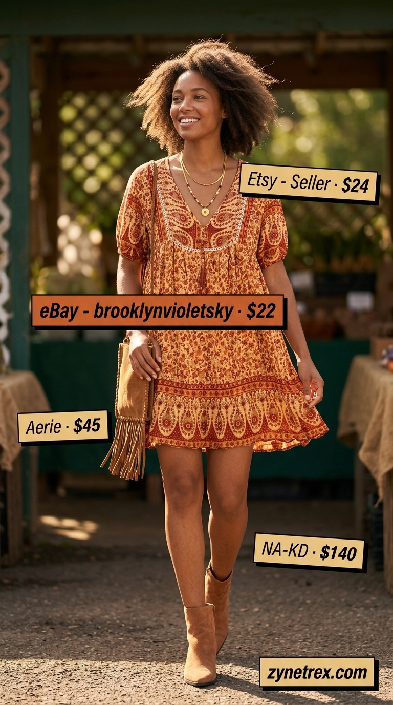 Boho paisley mini dress outfit: rust orange dress, suede fringe bag, layered necklaces, suede ankle boots for summer 2026.