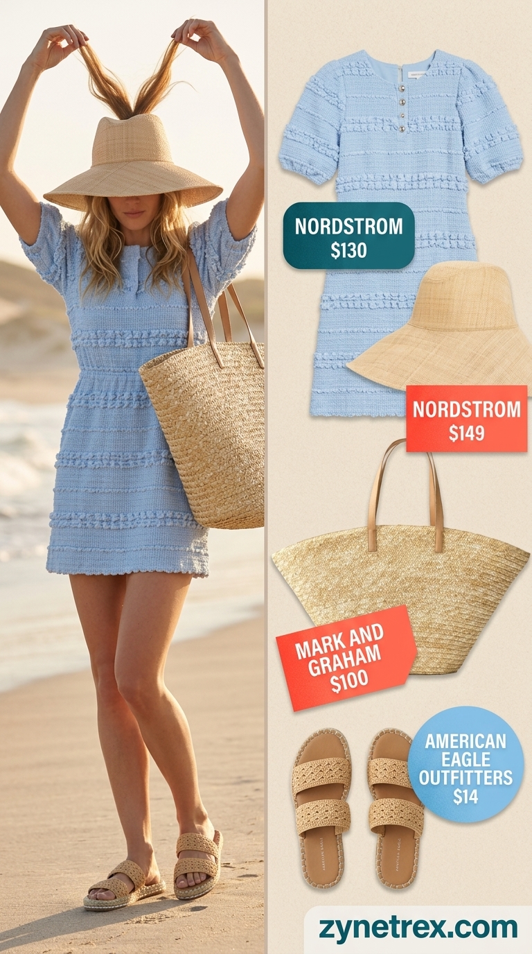 Coastal breeze mini dress outfit: sky blue puff-sleeve dress, straw hat, oversized tote, espadrille flats for summer 2026.