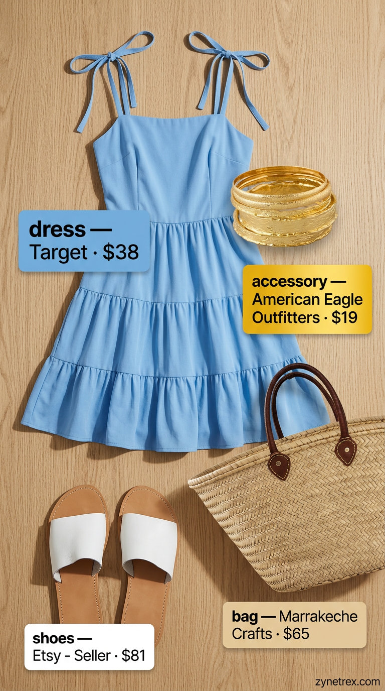 Coastal Getaway Chic: Sky blue sundress, straw tote, gold bangle, and white sandals for women 2026.