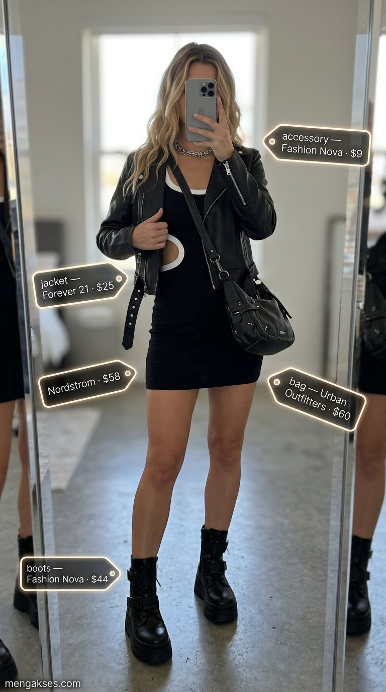 Edgy Mini Dress: Black moto jacket, black dress, combat boots, silver choker for women 2026.