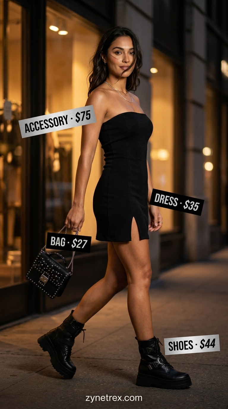 Edgy moto mini outfit: black mini dress, chunky platform combat boots, silver chain necklace for summer 2026.