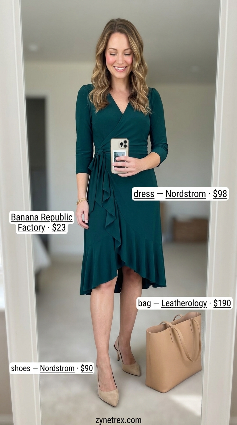 Elegant wrap midi dress outfit: emerald green midi dress, nude pumps, structured tote, gold bracelet for summer 2026.