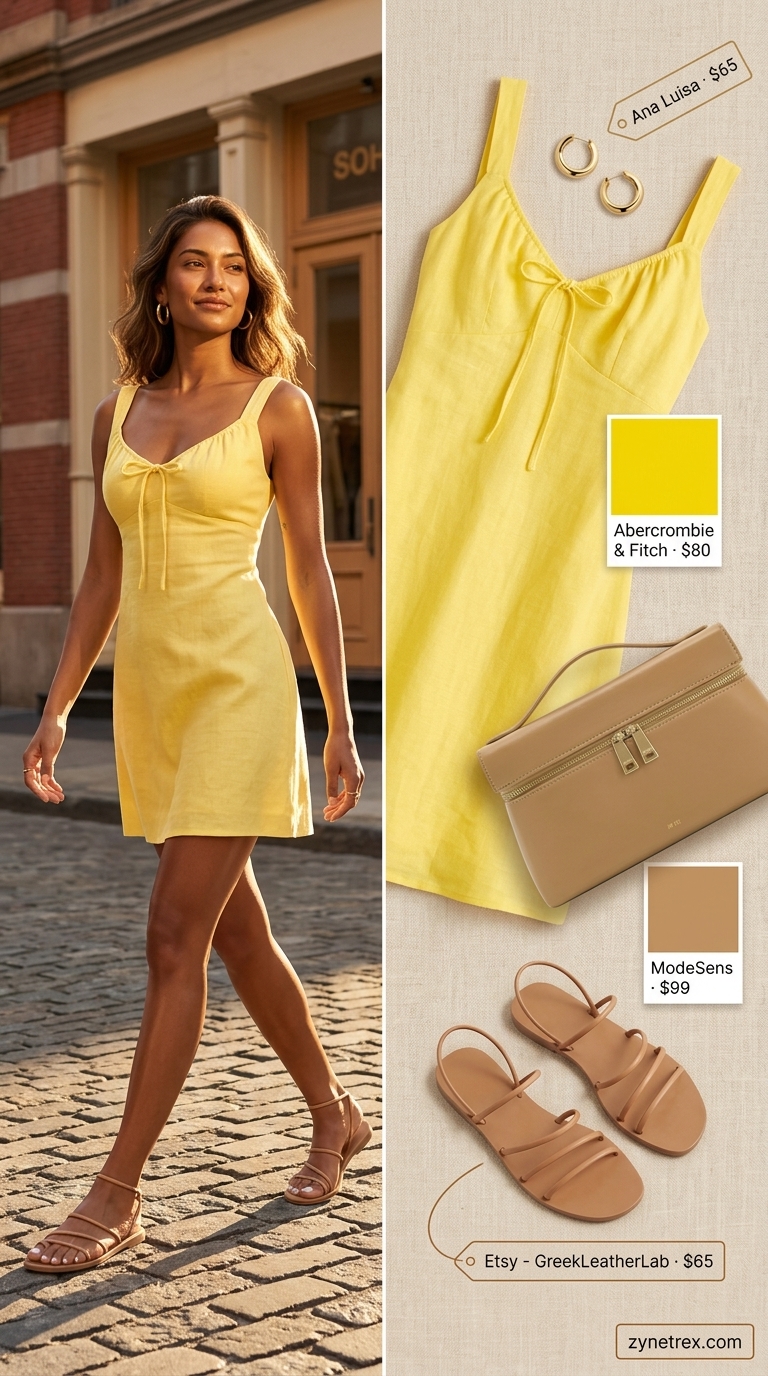 Golden Hour Linen Mini: Yellow linen dress, tan bag, gold earrings, and tan sandals for women 2026.