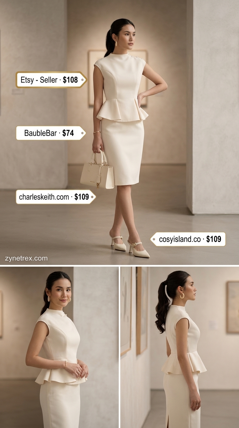 Modern Minimalist: Cream sheath dress, beige mules, gold cuff, and structured bag for women 2026.