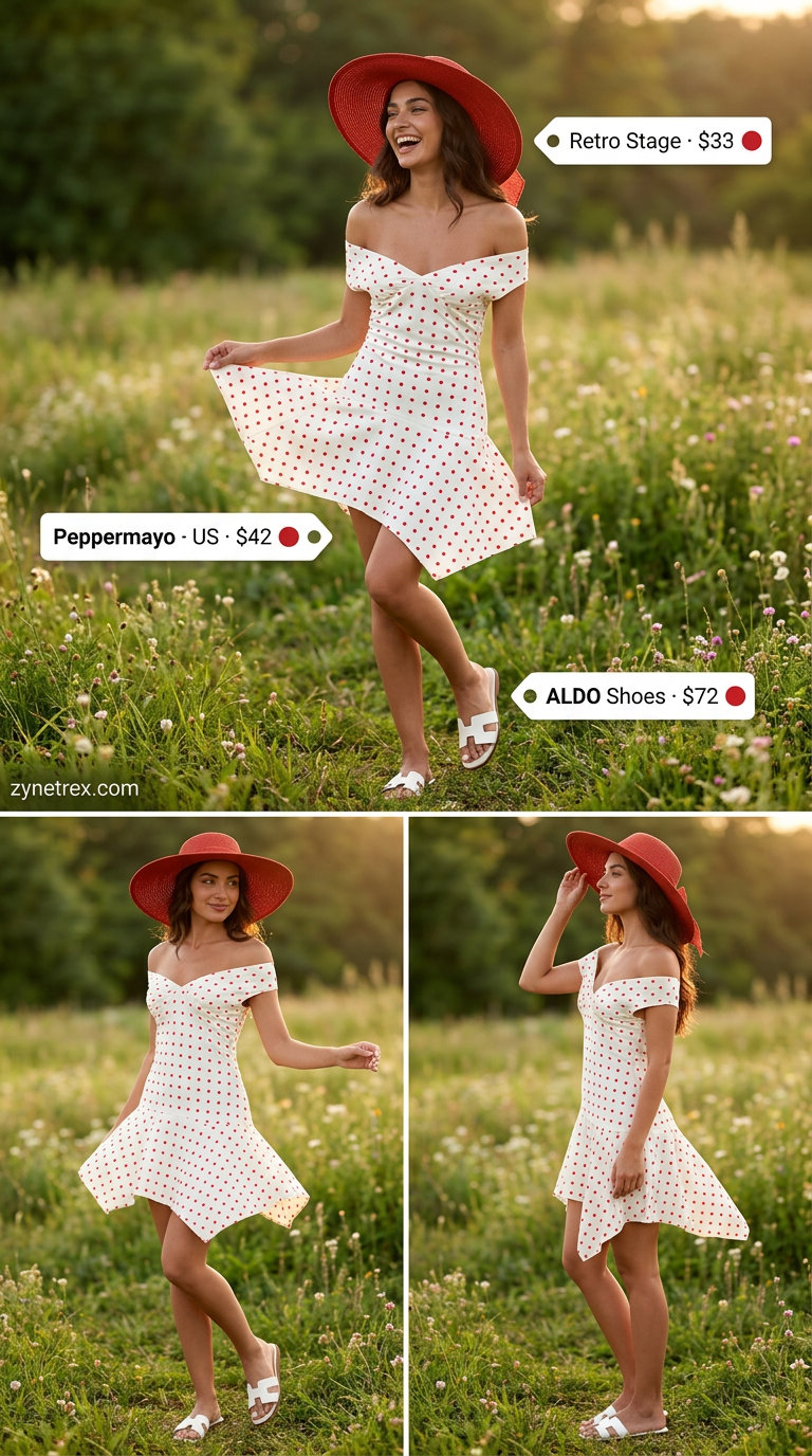Playful Summer Picnic: Red polka dot mini sundress, straw hat, straw tote, and slide sandals for women 2026.