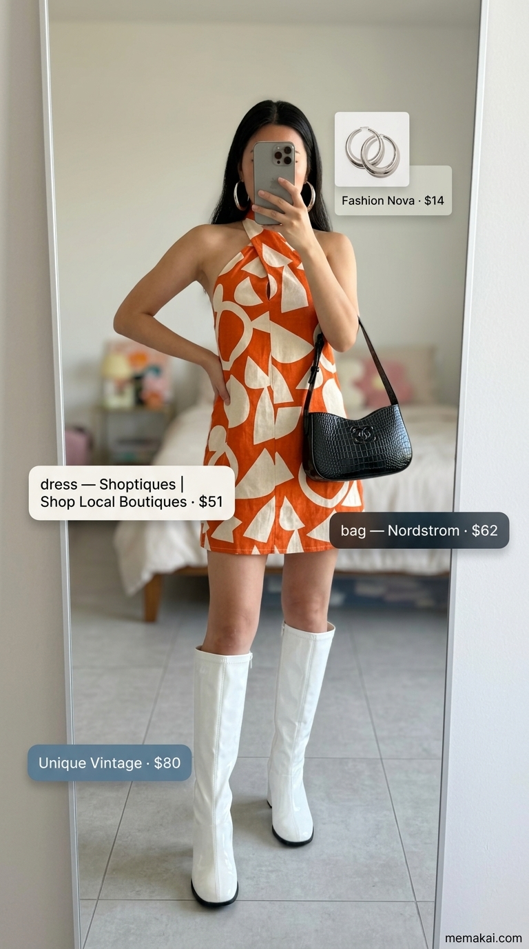 Retro Vibes Mini Dress: Orange geometric print dress, go-go boots, silver hoops, and shoulder bag for women 2026.