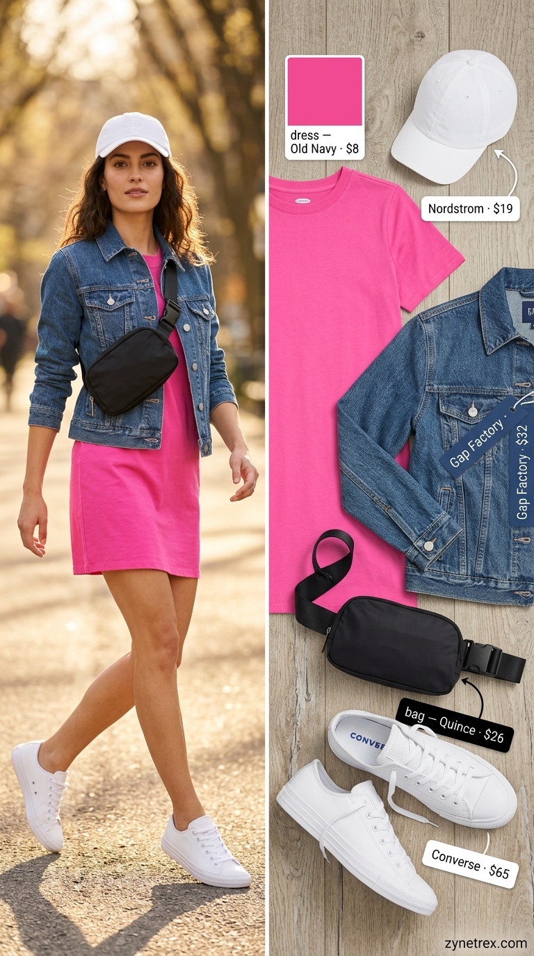 Sporty Chic Street Style: Pink mini dress, denim jacket, white sneakers, and baseball cap for women 2026.