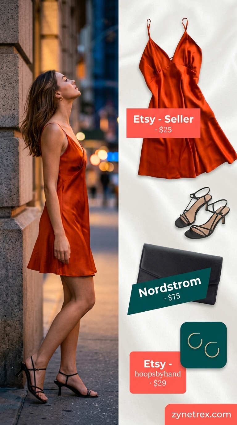 Sunset city mini outfit: bright mango satin slip dress, black leather heeled sandals, structured clutch for summer 2026.