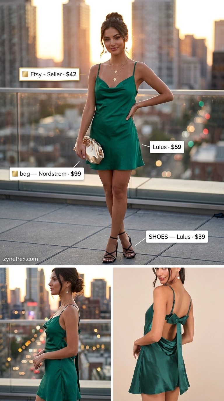 Sunset cocktail hour outfit: emerald green satin slip dress, strappy heels, metallic clutch, layered gold necklaces for summer 2026.