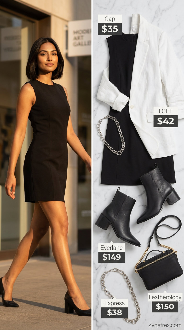 Urban Explorer: Black mini dress, oversized blazer, silver necklace, and ankle boots for women 2026.