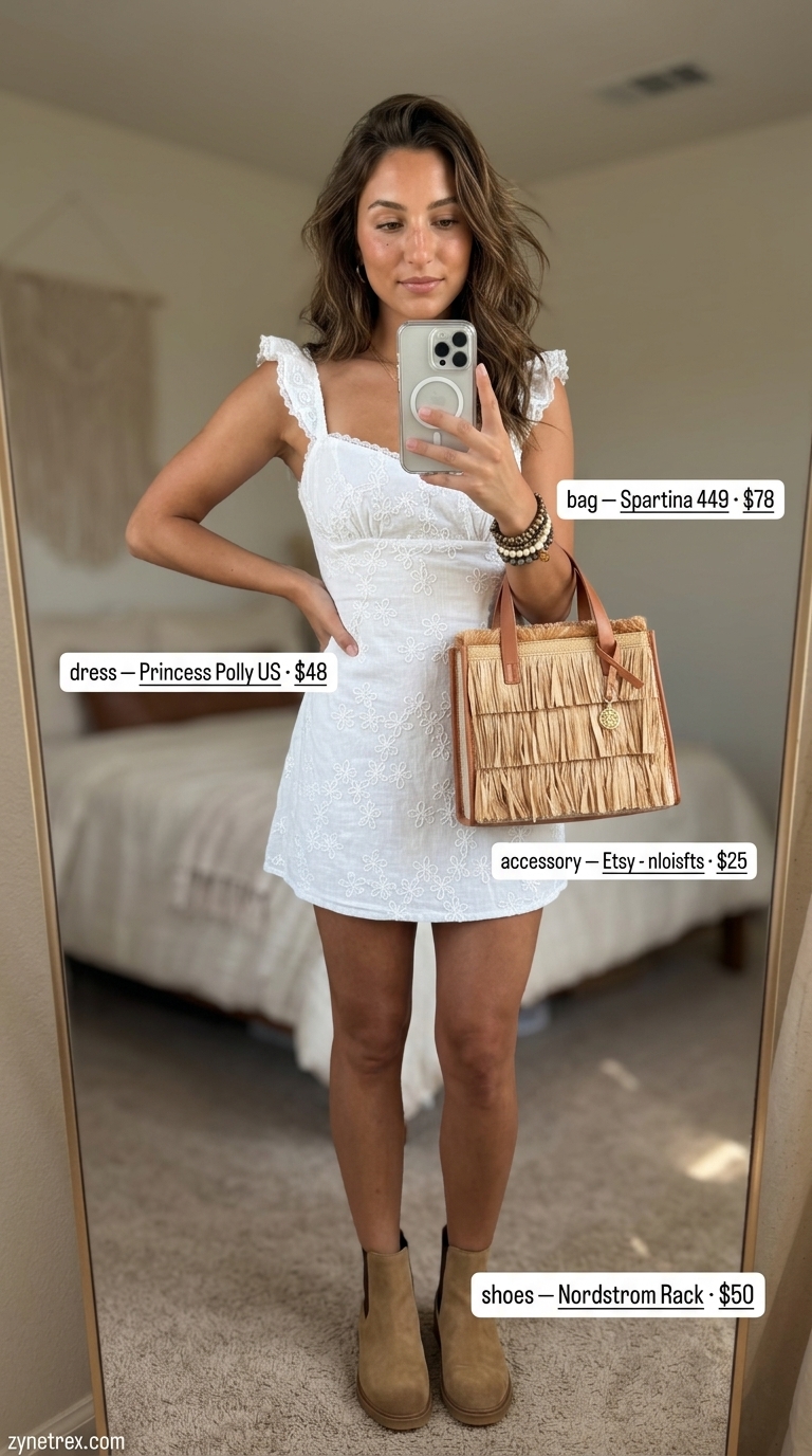 Boho maxi skirt outfit for women 2026: Multi-color floral skirt, white top, layered bracelets, woven crossbody, suede boots.