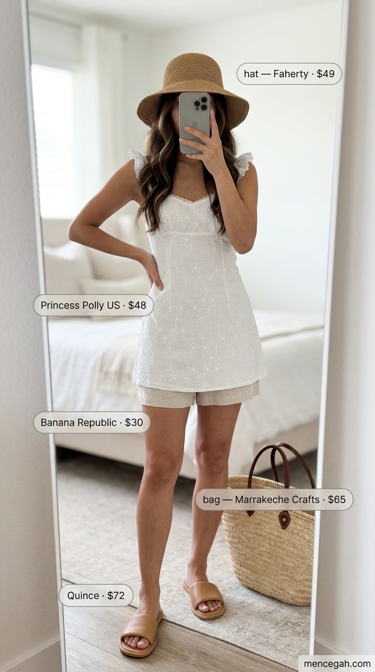 Coastal linen shorts set for women 2026: Beige linen shorts & shirt, straw hat, tote, and slides. Perfect for beach vacation.