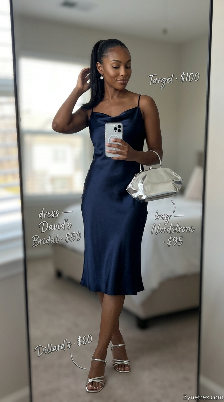 Glamorous slip dress for women 2026: Deep teal satin midi dress, crystal earrings, silver clutch, strappy heeled sandals.