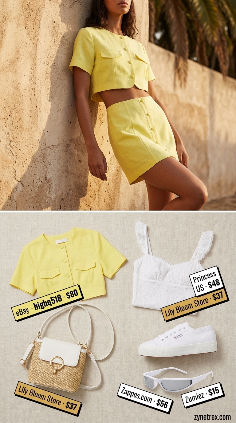 Lemonade linen set for women 2026: Yellow linen tunic & skirt, white sneakers, straw crossbody, oversized sunglasses.