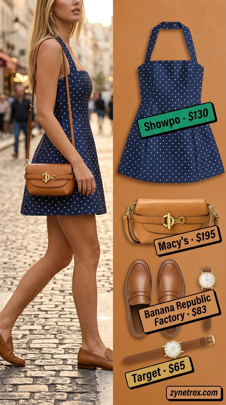 Modern prep mini skirt outfit for women 2026: Navy skirt, white top, tan loafers, leather crossbody, gold watch.