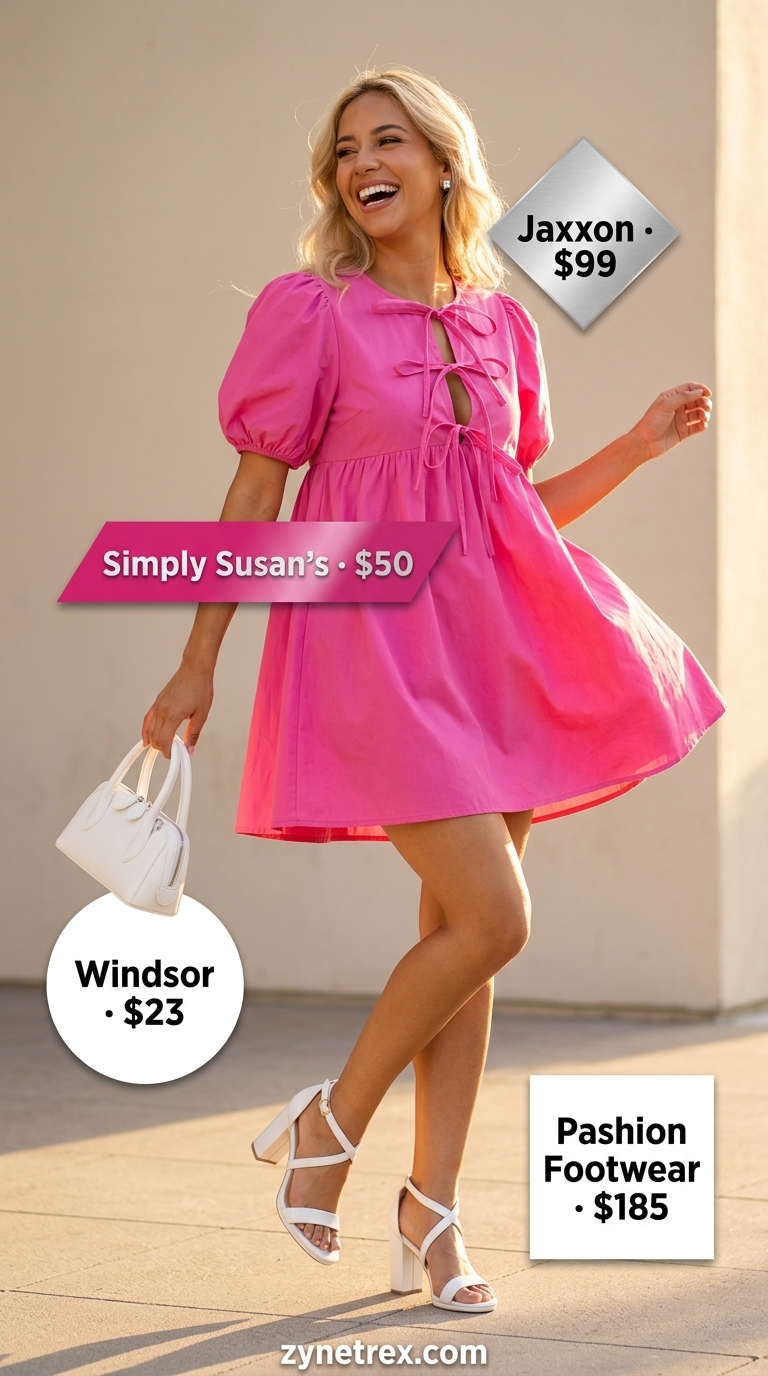 Popsicle pink mini dress outfit for women 2026: Hot pink babydoll dress, white sandals, white shoulder bag, silver earrings.