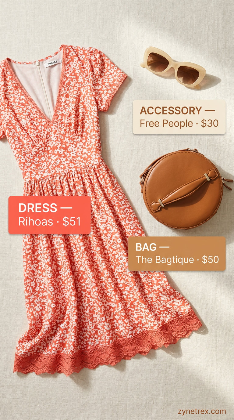 Retro summer dress outfit for women 2026: Coral/white print mini dress, white sneakers, cat-eye sunglasses, crossbody bag.