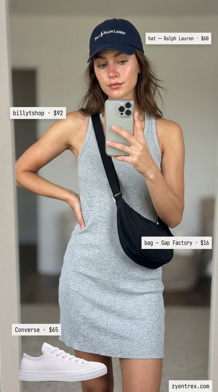 Sporty chic mini dress outfit for women 2026: Grey knit dress, white sneakers, navy cap, nylon crossbody bag.